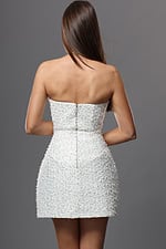 white sheath mini dress with strapless sweetheart pearl beaded