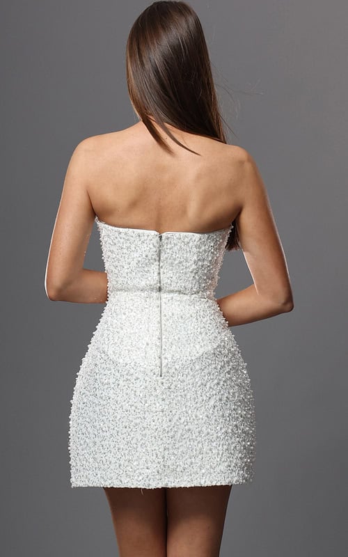 white sheath mini dress with strapless sweetheart pearl beaded