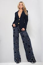 Jovani style 52096 navy beaded blazer jumpsuit with plunging neckline, gold buttons and sheer embellished wide leg pants, front view