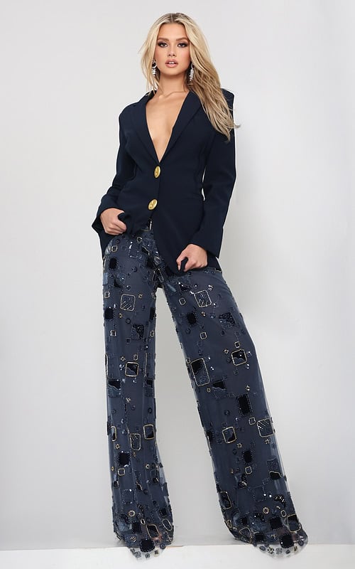 Jovani style 52096 navy beaded blazer jumpsuit with plunging neckline, gold buttons and sheer embellished wide leg pants, front view