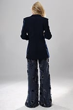 back view of navy beaded blazer jumpsuit with plunging neckline, gold buttons and sheer embellished wide leg pants, Jovani style 52096
