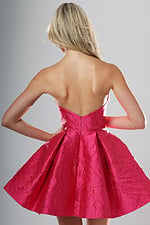 back view of raspberry brocade strapless A-line short homecoming dress with sweetheart bow neckline and pleated skirt, Jovani style 52120