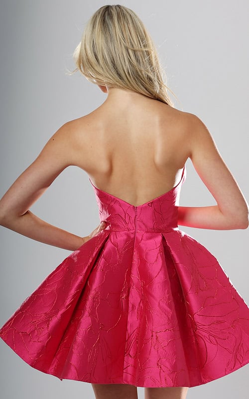 back view of raspberry brocade strapless A-line short homecoming dress with sweetheart bow neckline and pleated skirt, Jovani style 52120