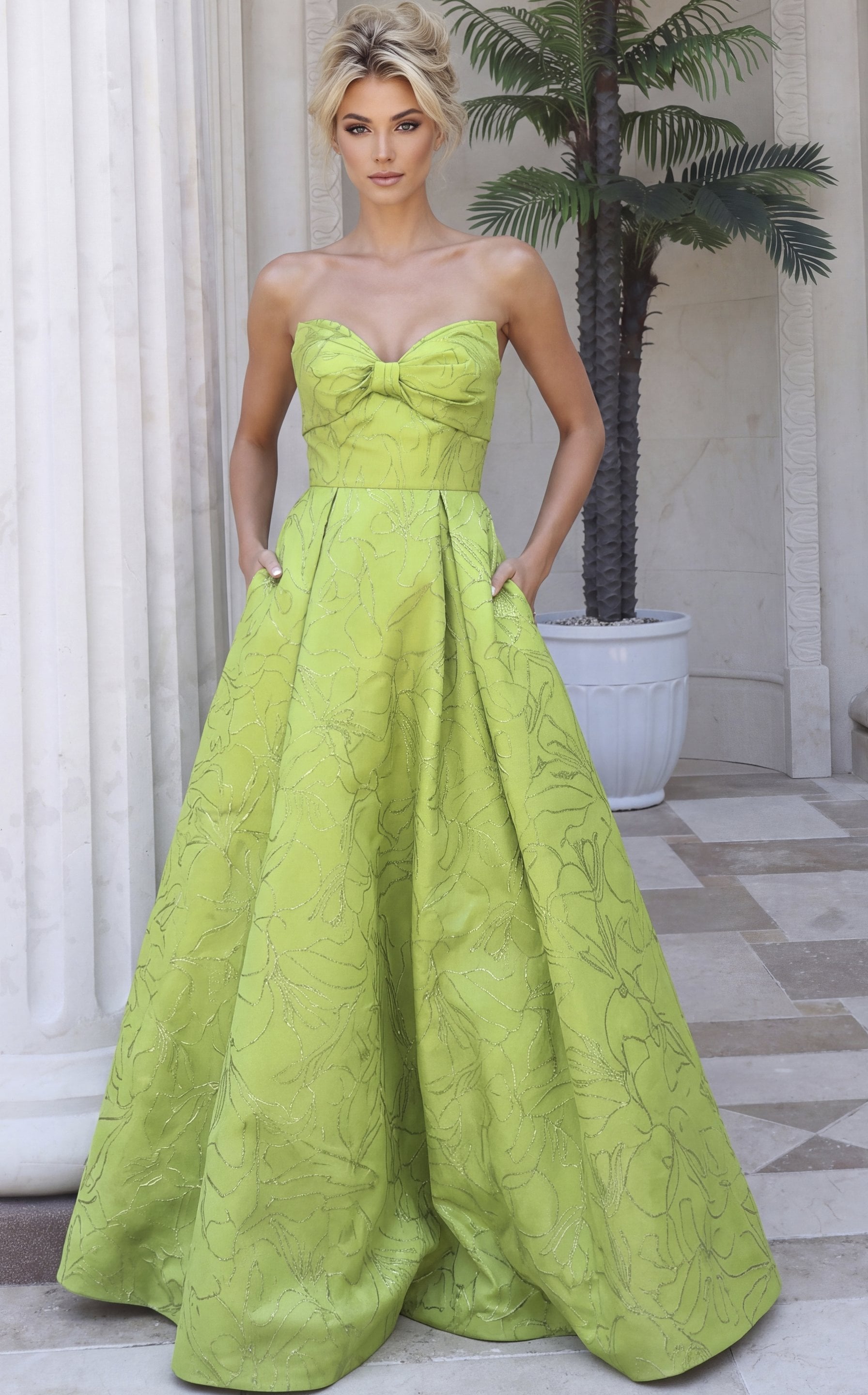 lime green Jovani 52121 Front, bow detail