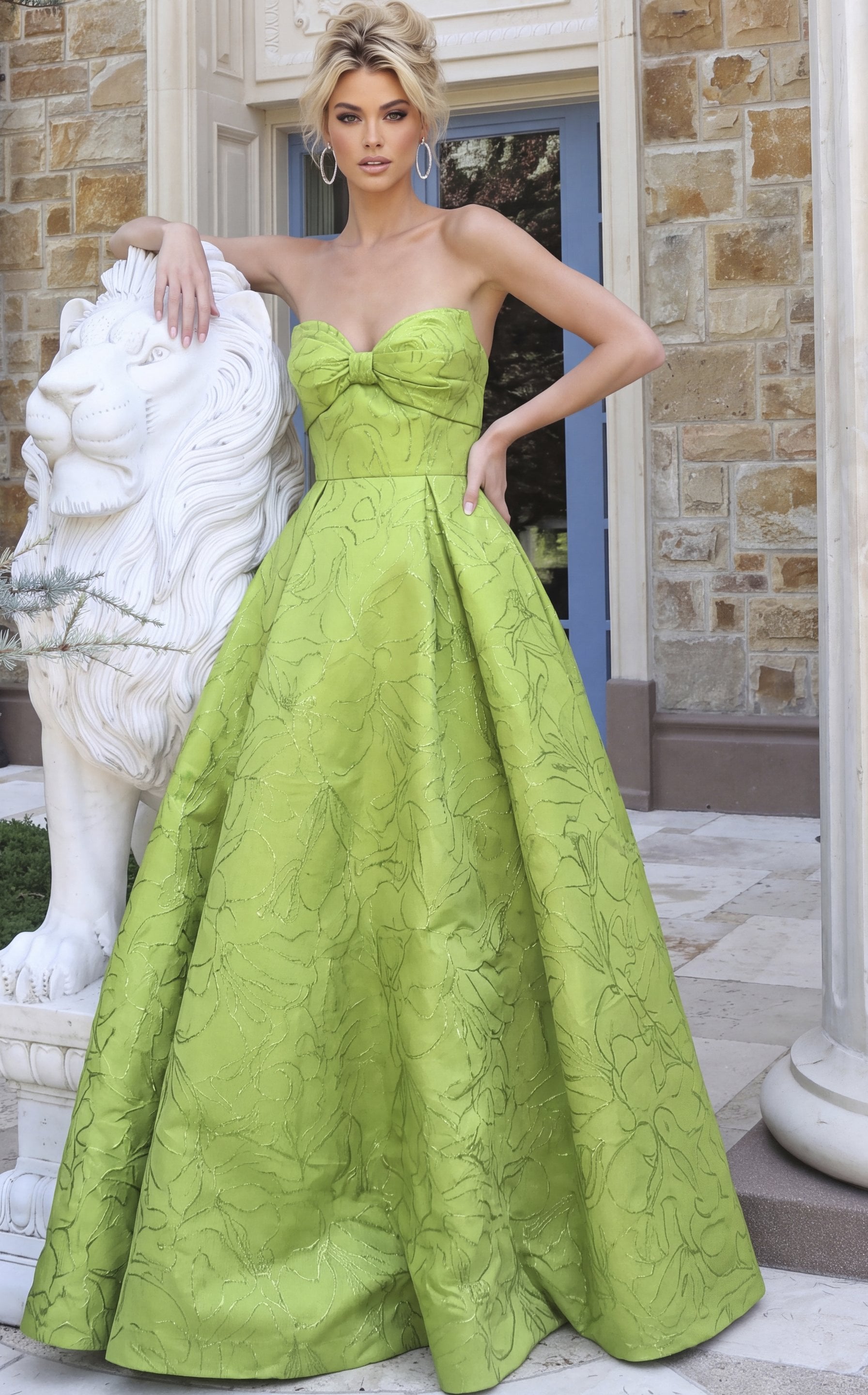 lime green Jovani 52121 front, bow detail