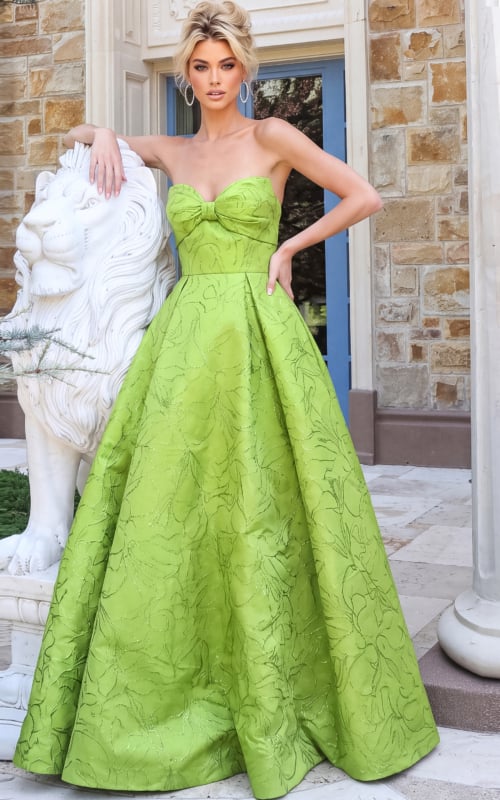 lime green strapless sweetheart bow evening gown style 52121 - front full body