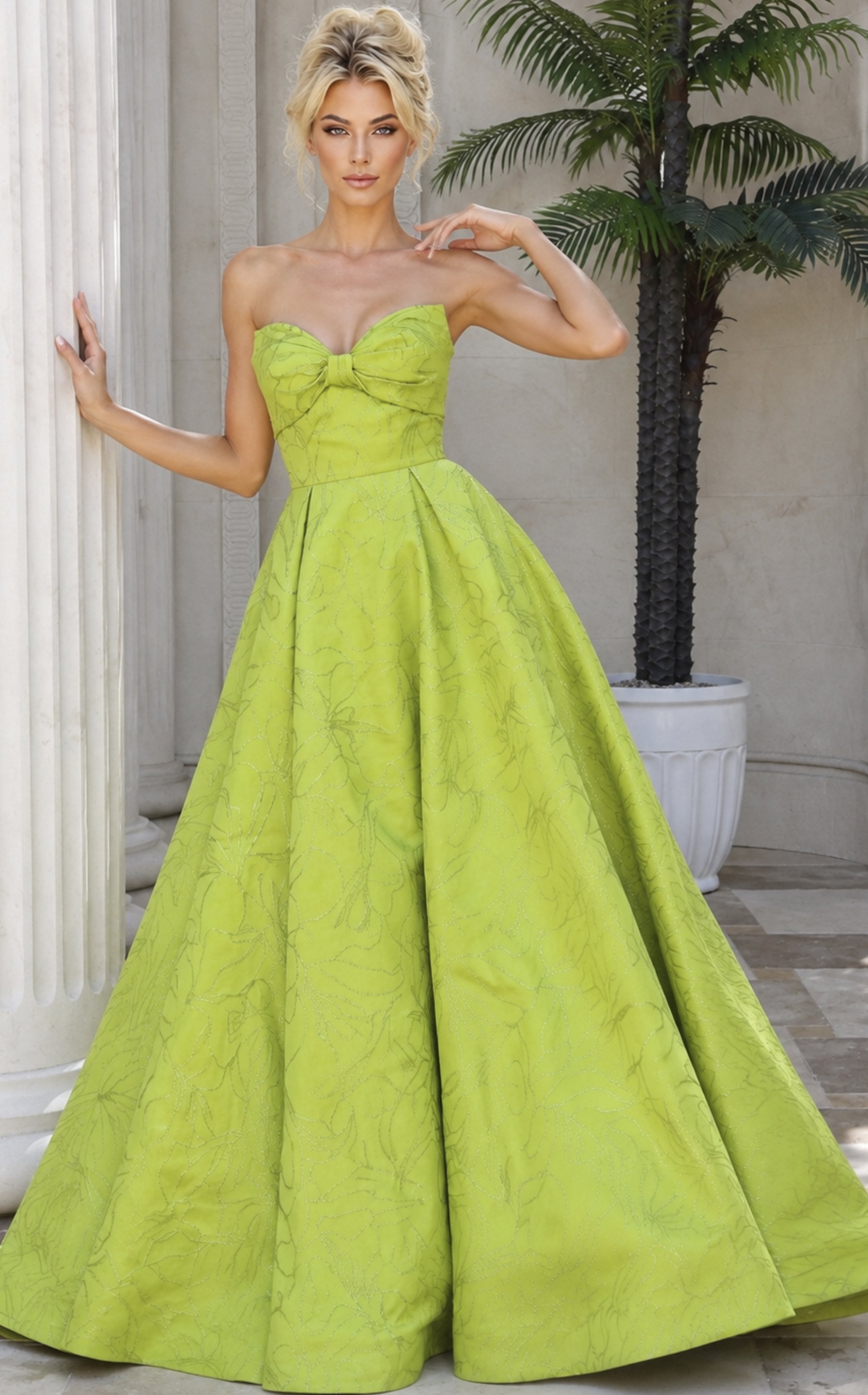 lime green Jovani 52121 front, bow bodice