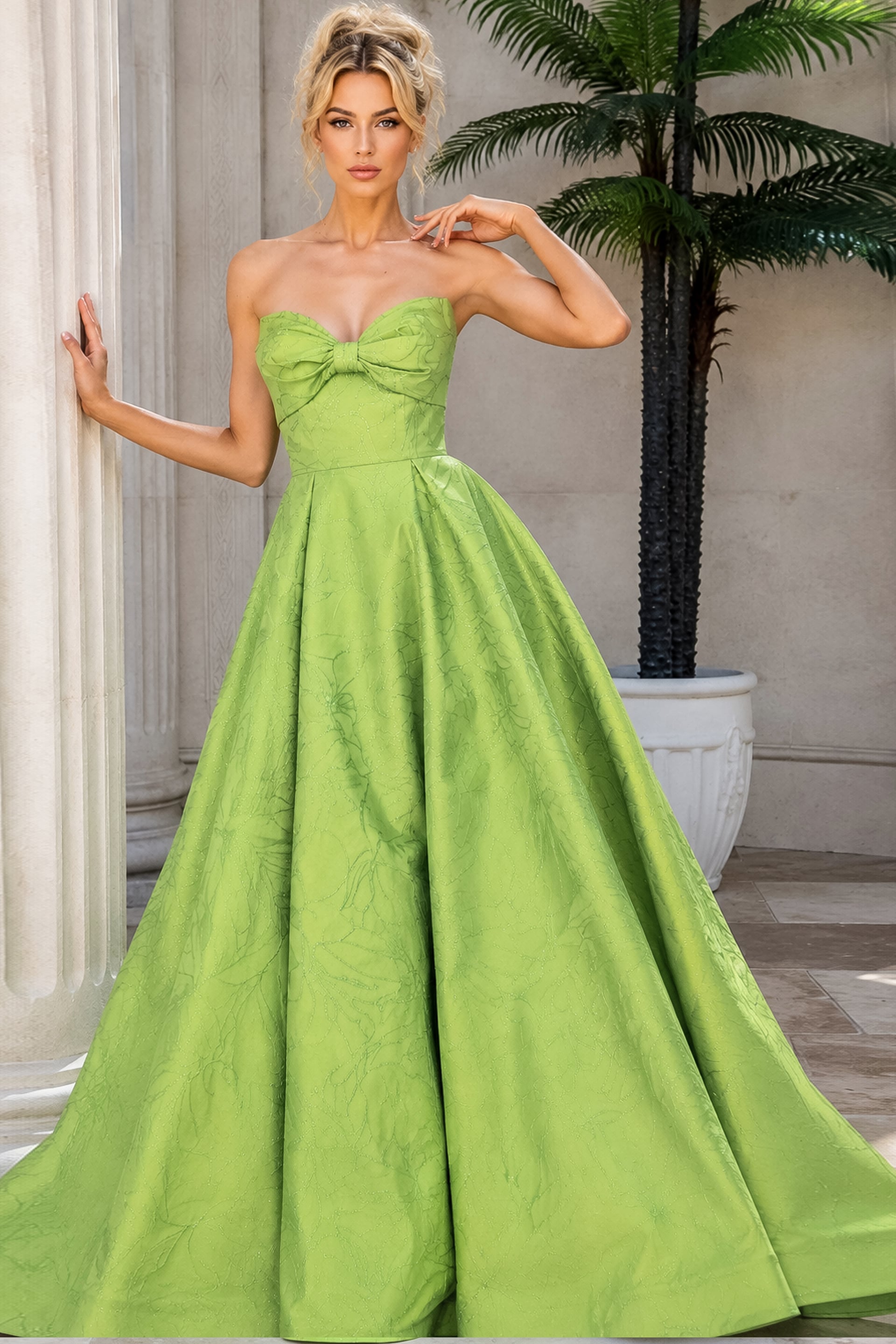 Lime green strapless floral ball gown