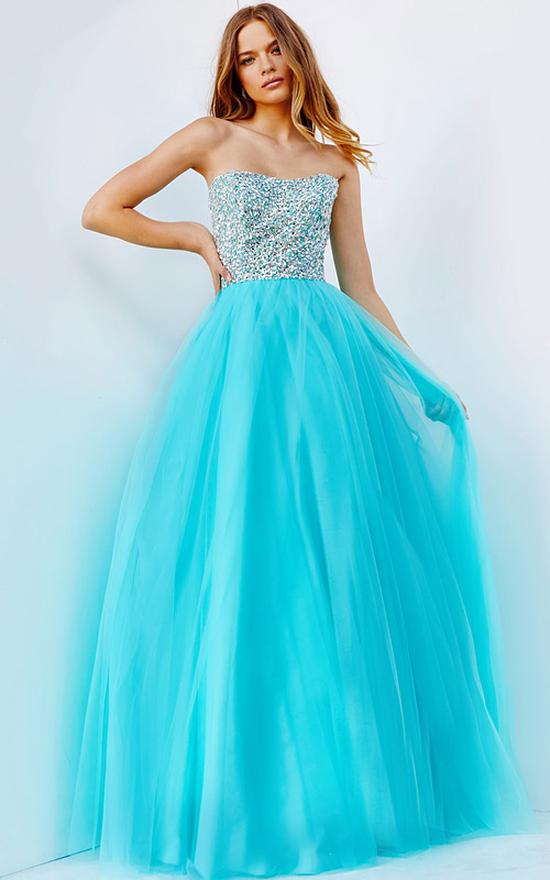 Model wearing Jovani 52131, a blue strapless gown with a sparkling bodice and tulle skirt.