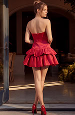 Red satin mini dress featuring a strapless sweetheart neckline and a dramatic double-tiered bubble hem skirt.