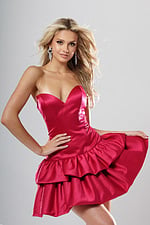 Jovani style 52146 raspberry satin strapless short homecoming dress with sweetheart neckline and tiered ruffle skirt, front view