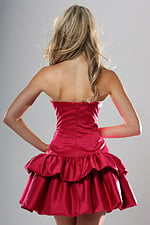 back view of raspberry satin strapless short homecoming dress with sweetheart neckline and tiered ruffle skirt, Jovani style 52146