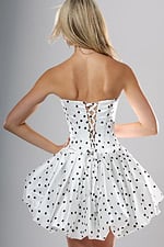 back view of white black polka dot strapless short homecoming dress with sweetheart neckline and bubble hem, Jovani style 52165