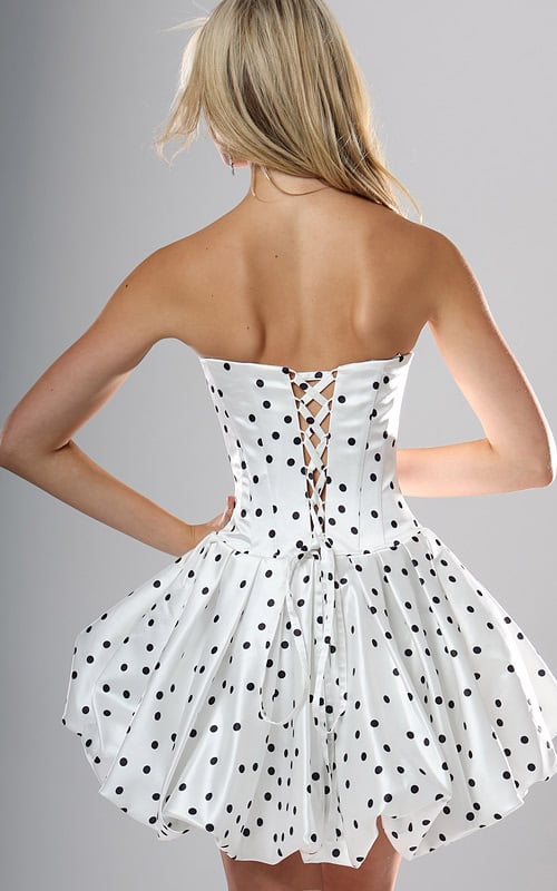 back view of white black polka dot strapless short homecoming dress with sweetheart neckline and bubble hem, Jovani style 52165
