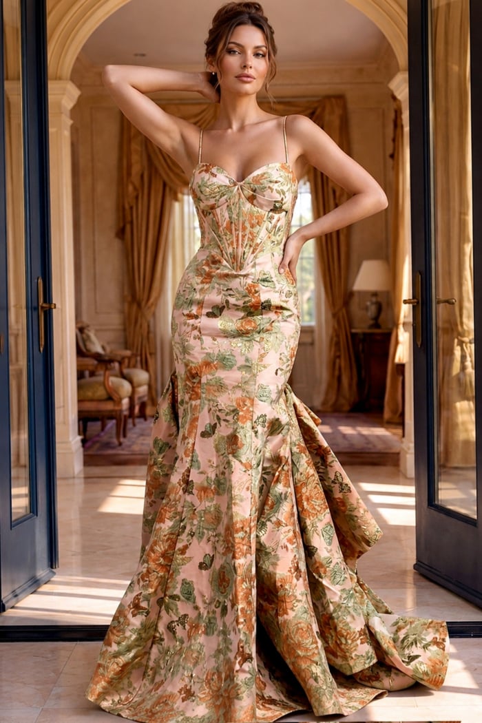 Floral strapless mermaid evening gown
