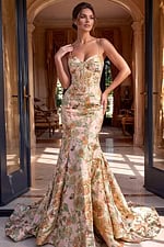 Fitted floral gown with flared skirt