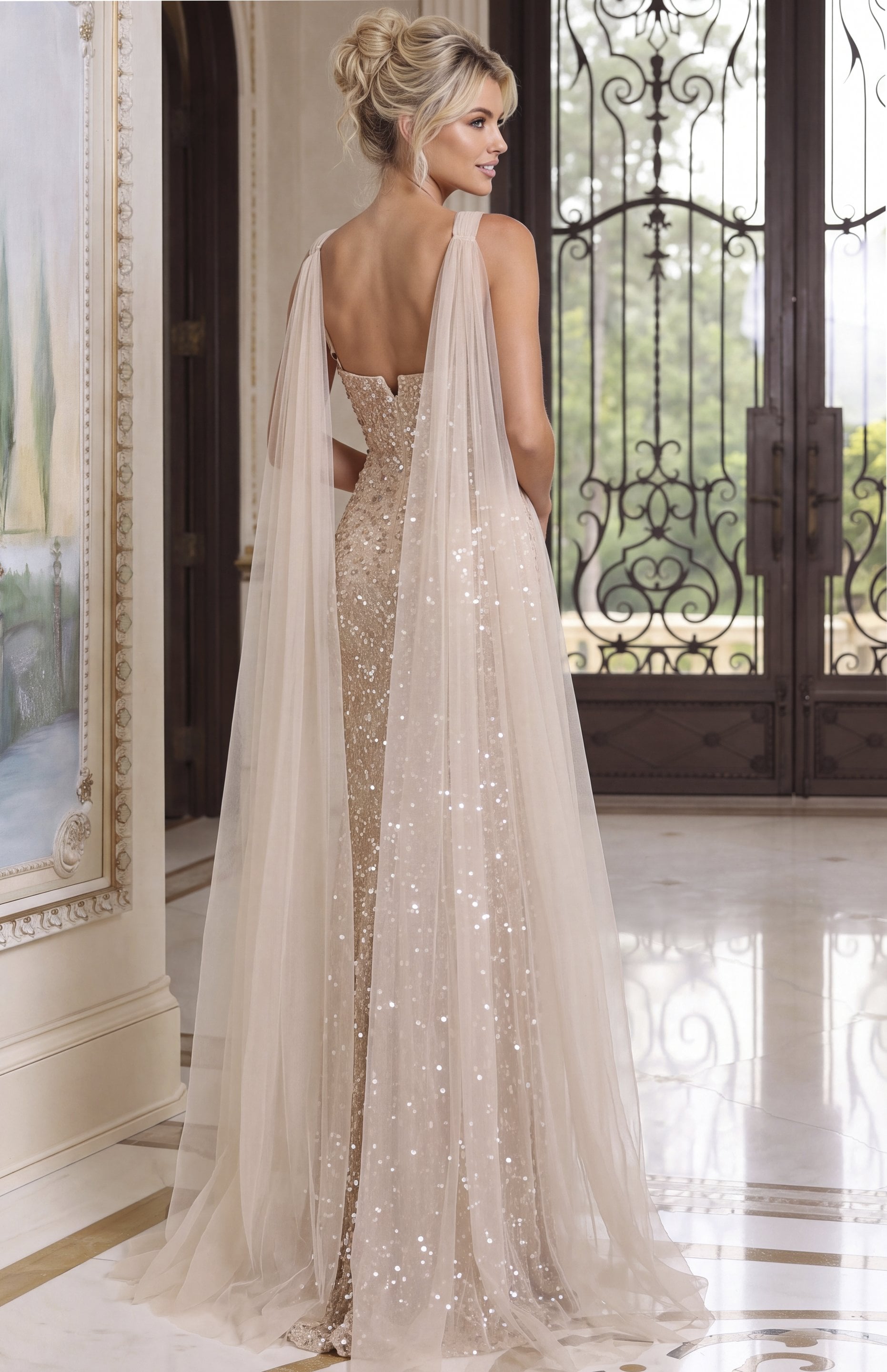 champagne Jovani 52196 back view, sparkly cape