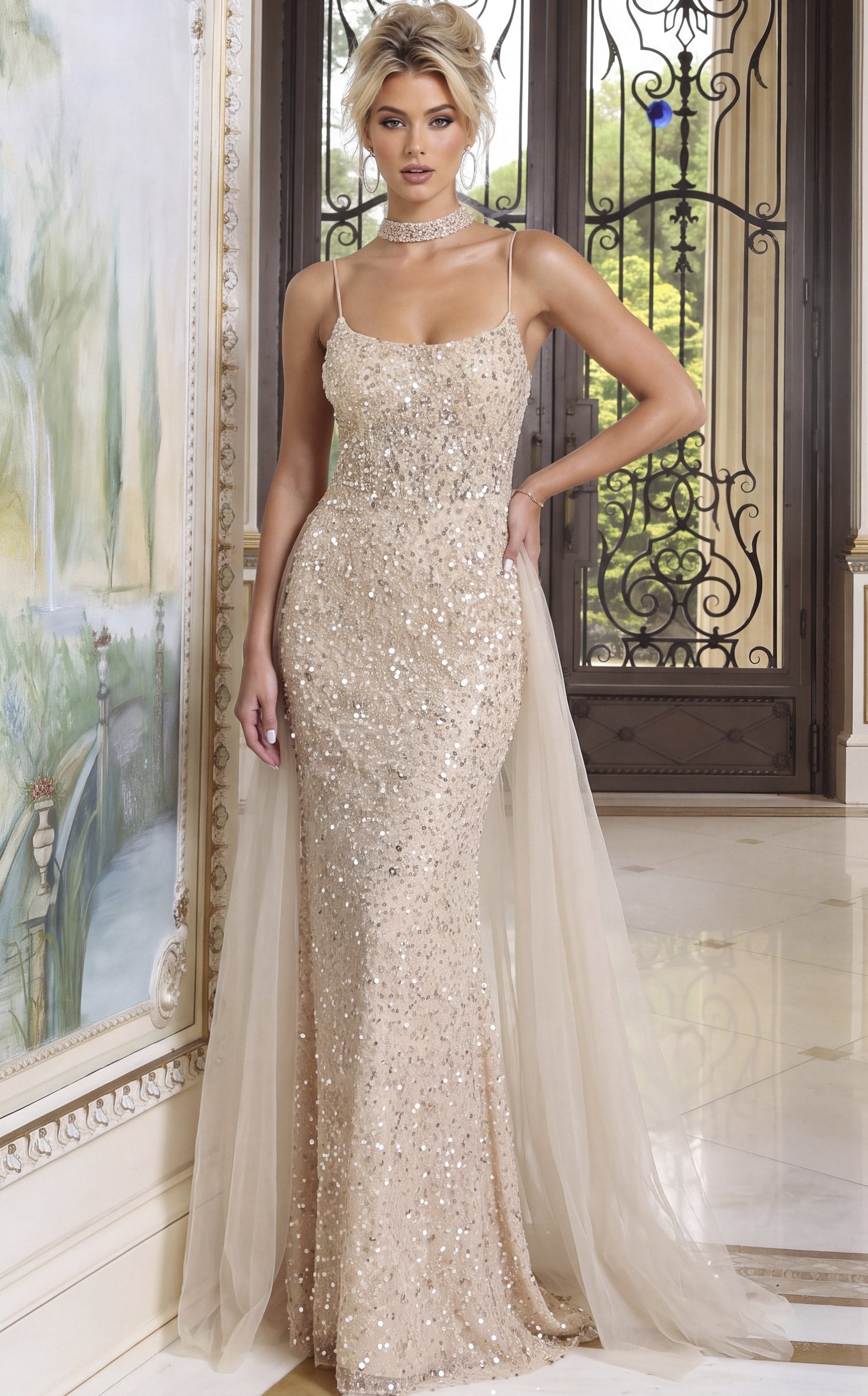 champagne Jovani 52196 front, long tulle train