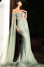 Off shoulder beaded mermaid gown with sheer cape sleeves