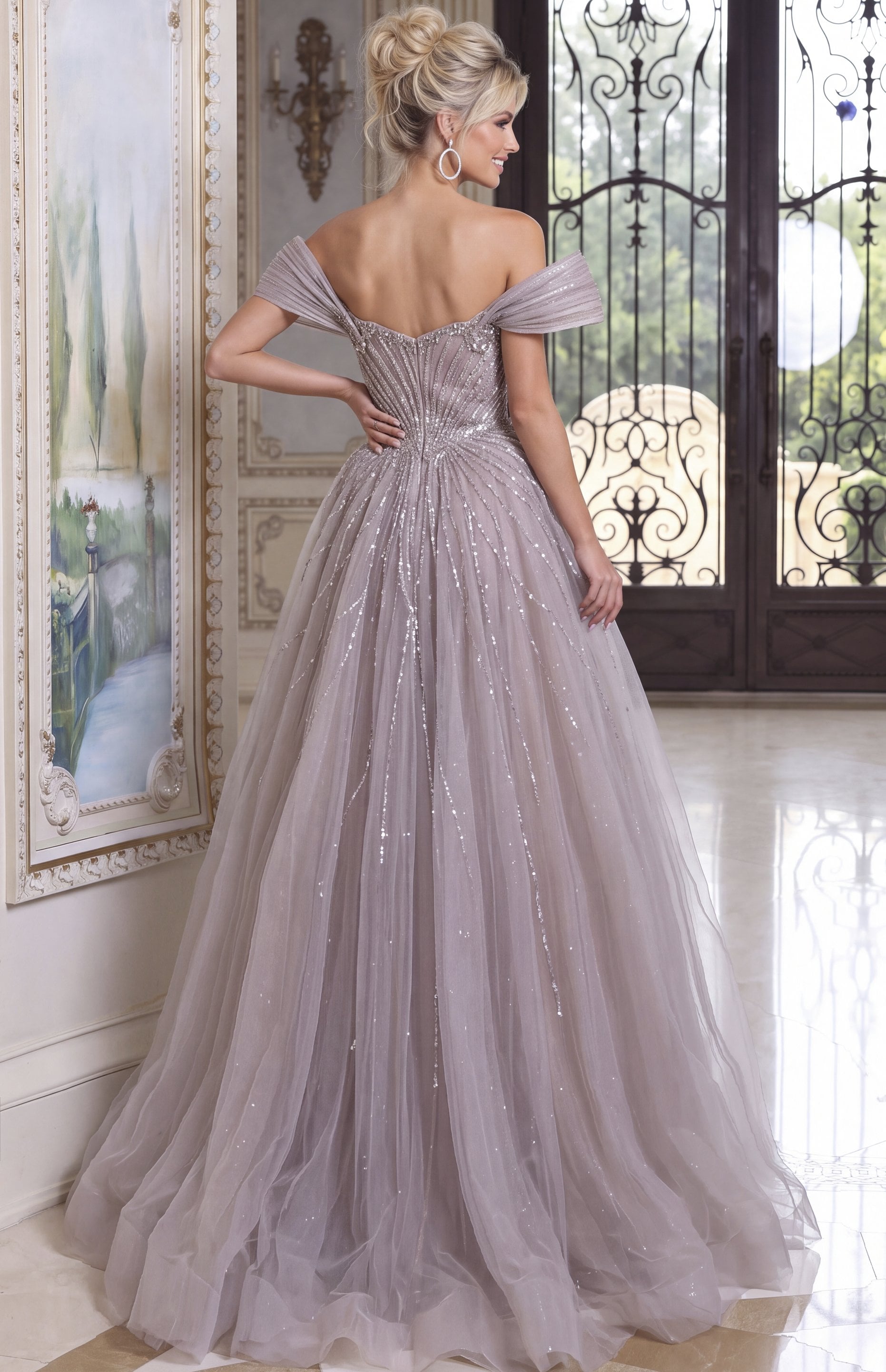 lilac grey Jovani 52210 Back, sparkling skirt