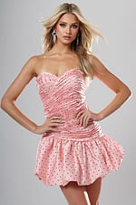 Jovani style 52226 pink rhinestone ruched strapless short homecoming dress with sweetheart neckline and bubble hem, front view