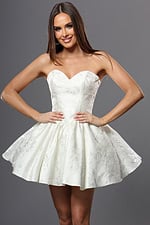 white fit and flare mini dress with strapless sweetheart neck floral jaquard