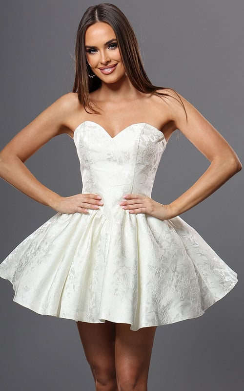 white fit and flare mini dress with strapless sweetheart neck floral jaquard
