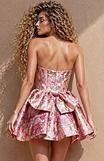 Shimmering rose gold botanical print dress with a multi-paneled bodice designed for a tailored, structured fit.