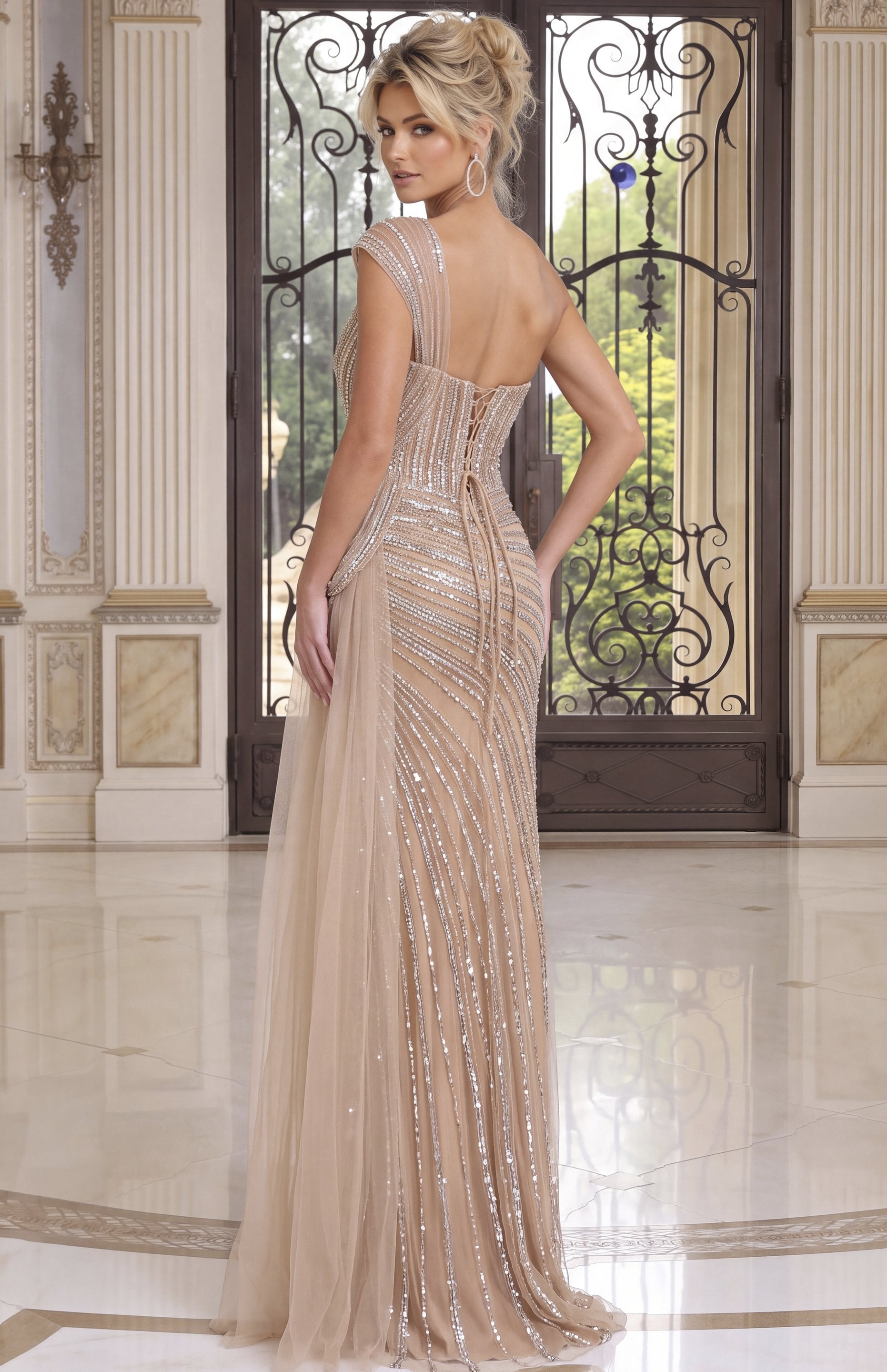 champagne Jovani 52230 back, corset lacing