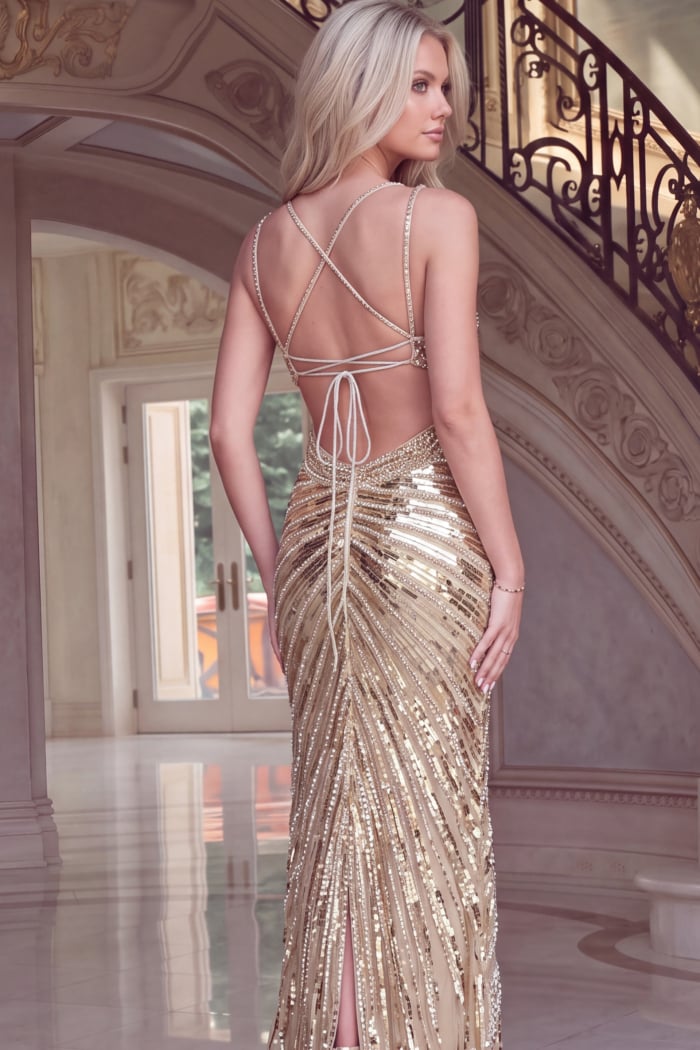 Gold sequin gown shown from the back at an angle with lace-up detail