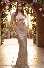 strapless formal gown with structured bodice and long fitted design