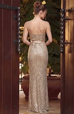 back view of strapless prom dress with open back and fitted silhouette