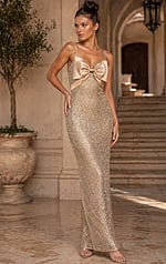 gold sequin sheath dress with bow detail 52235