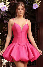Fit-and-flare mini dress in a high-shine fuchsia satin with vertical bodice seams and a gathered, rounded hemline.