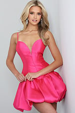 Jovani style 52245 fuchsia satin short homecoming dress with plunging sweetheart neckline, thin straps and bubble hem, front view