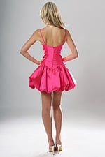 back view of fuchsia satin short homecoming dress with plunging sweetheart neckline, thin straps and bubble hem, Jovani style 52245