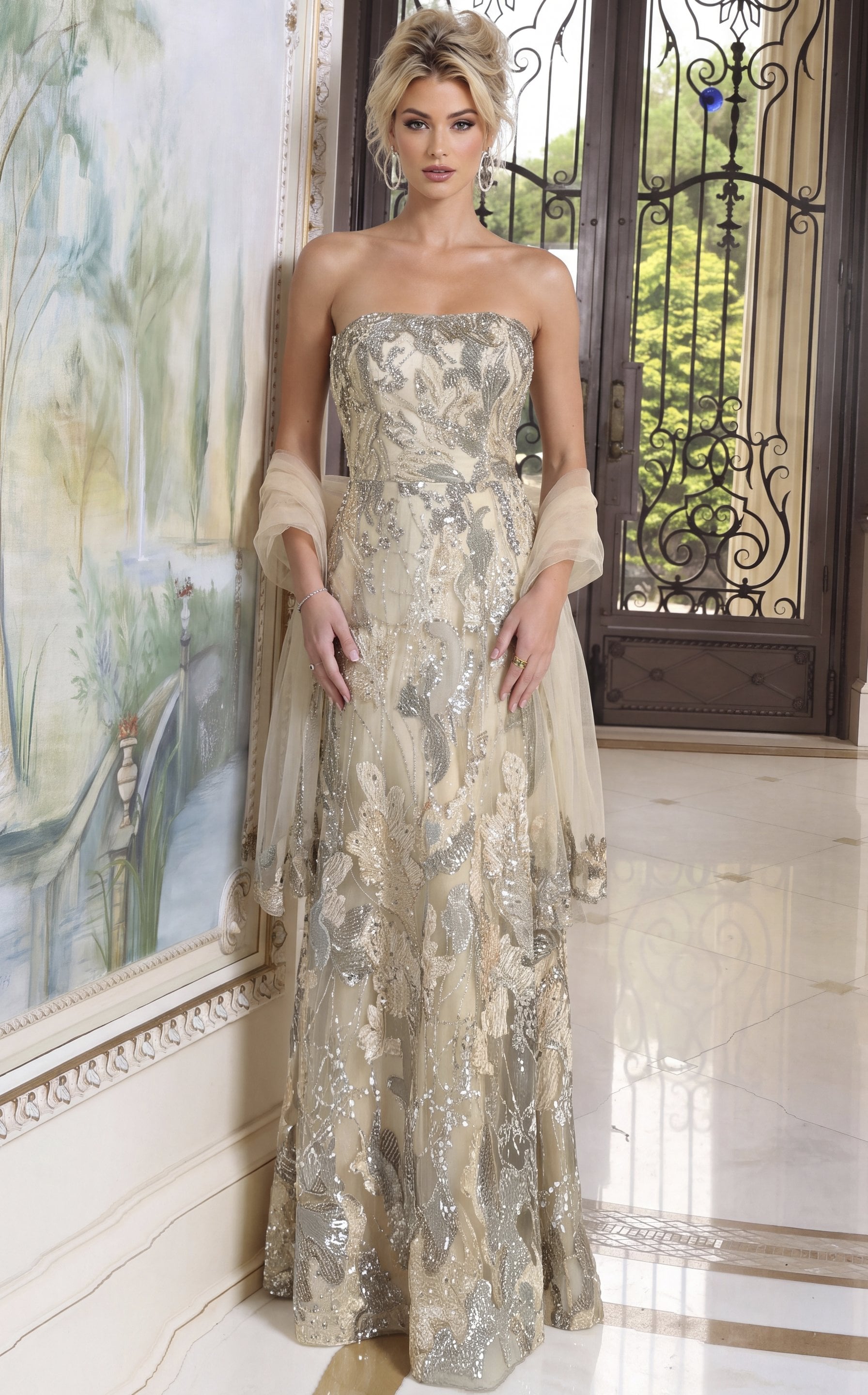 champagne Jovani 52259 front, strapless, sequin pattern