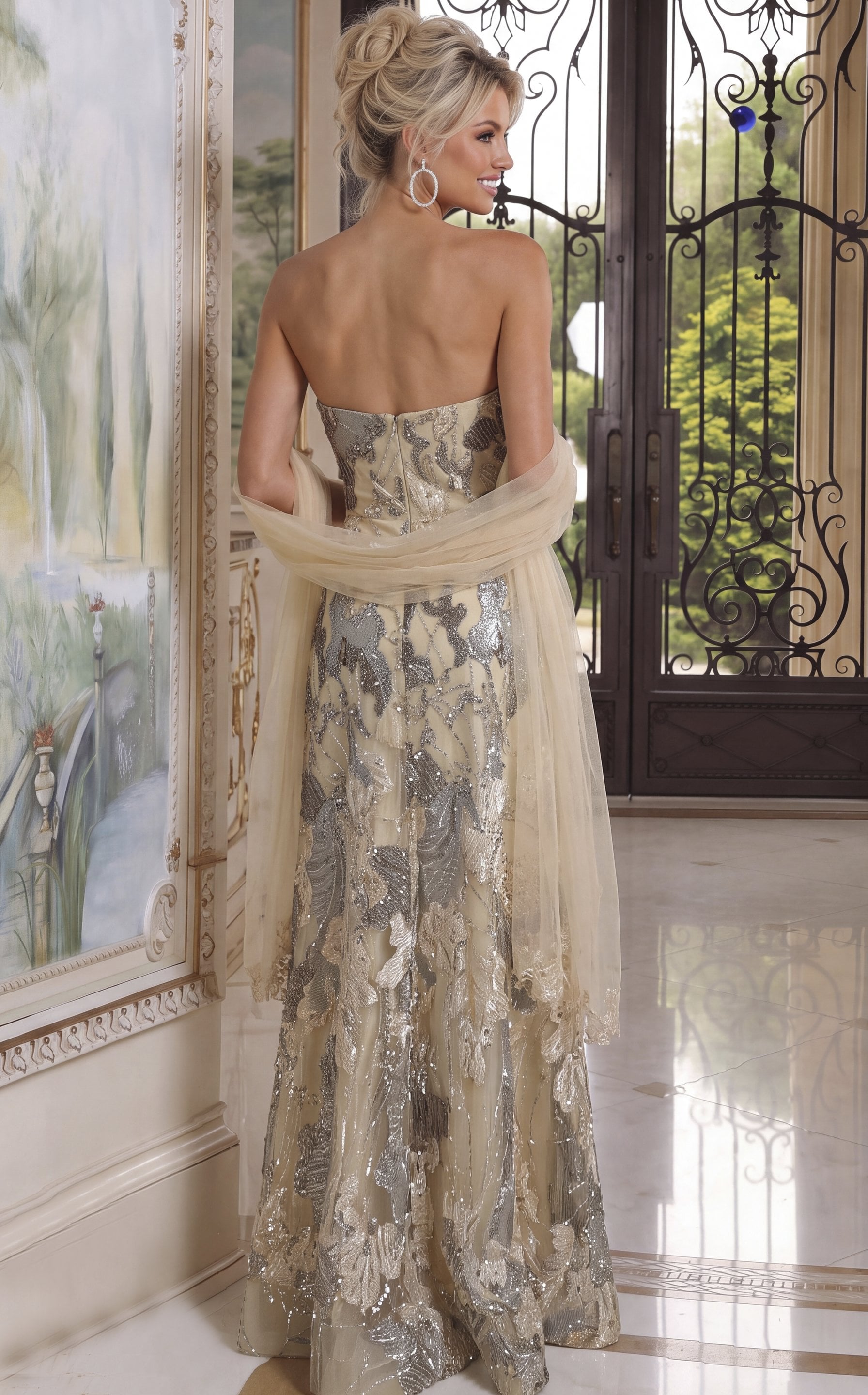 champagne Jovani 52259 Back view, draped shawl