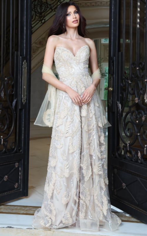 Champagne Embellished Strapless Evening Gown with Shawl