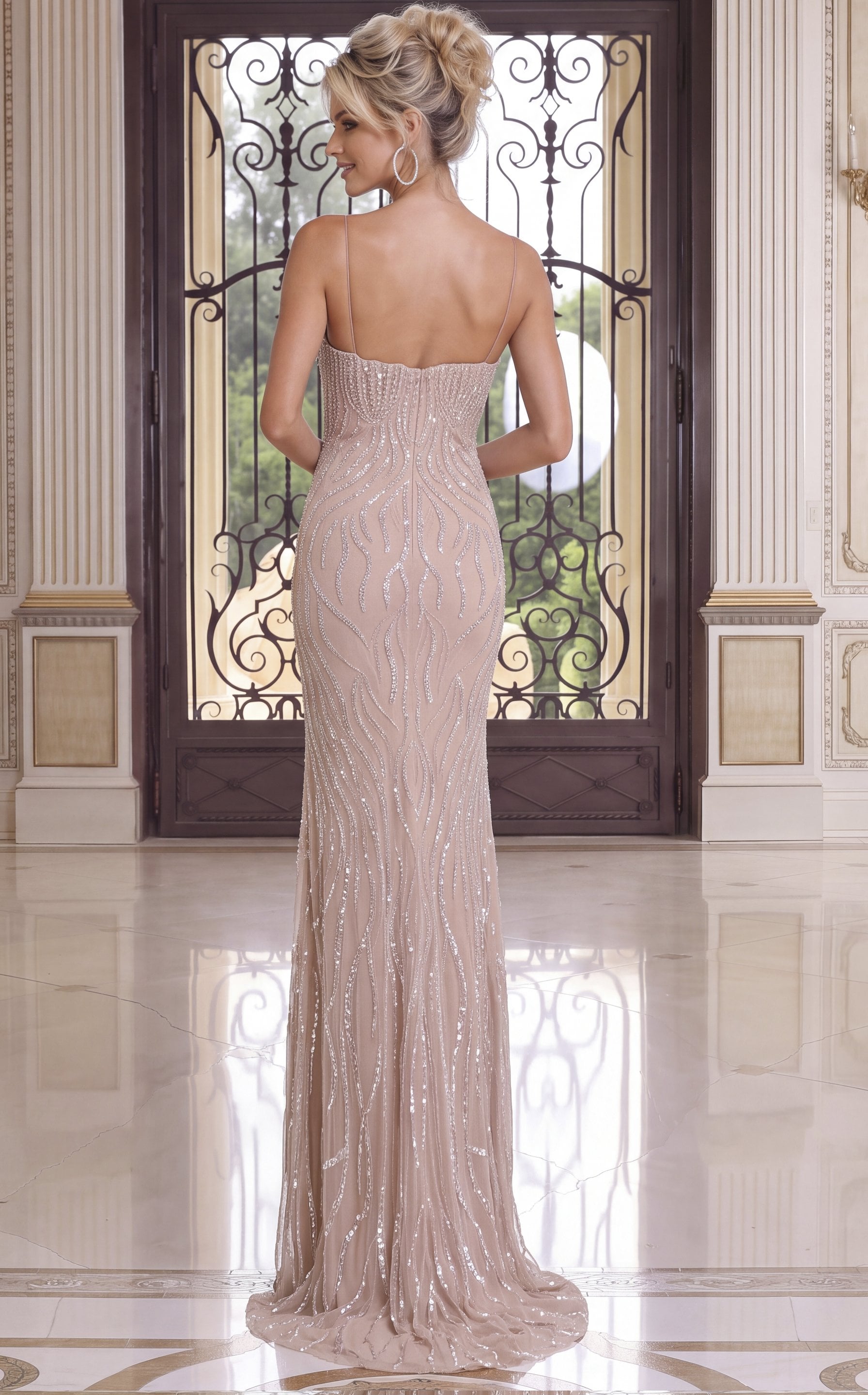 champagne Jovani 52280 back view, beaded pattern