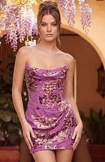 strapless sequin prom dress front view with sweetheart neckline and high slit