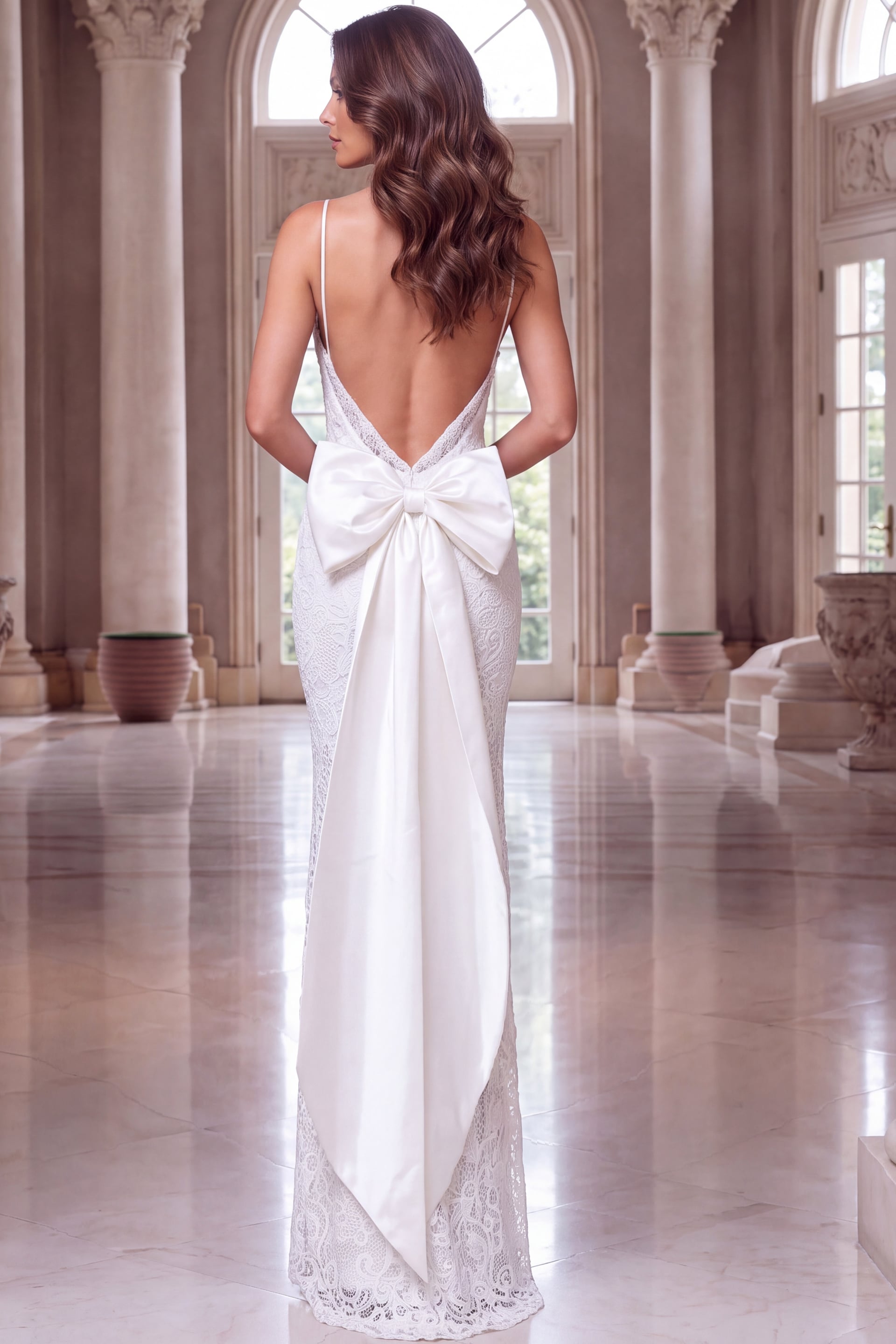Back of a pearl white beaded gown revealing a low scoop and enormous satin bow