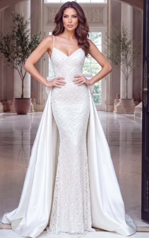 Slim-strap ivory gown with V neckline, beaded lattice bodice and detachable satin overskirt