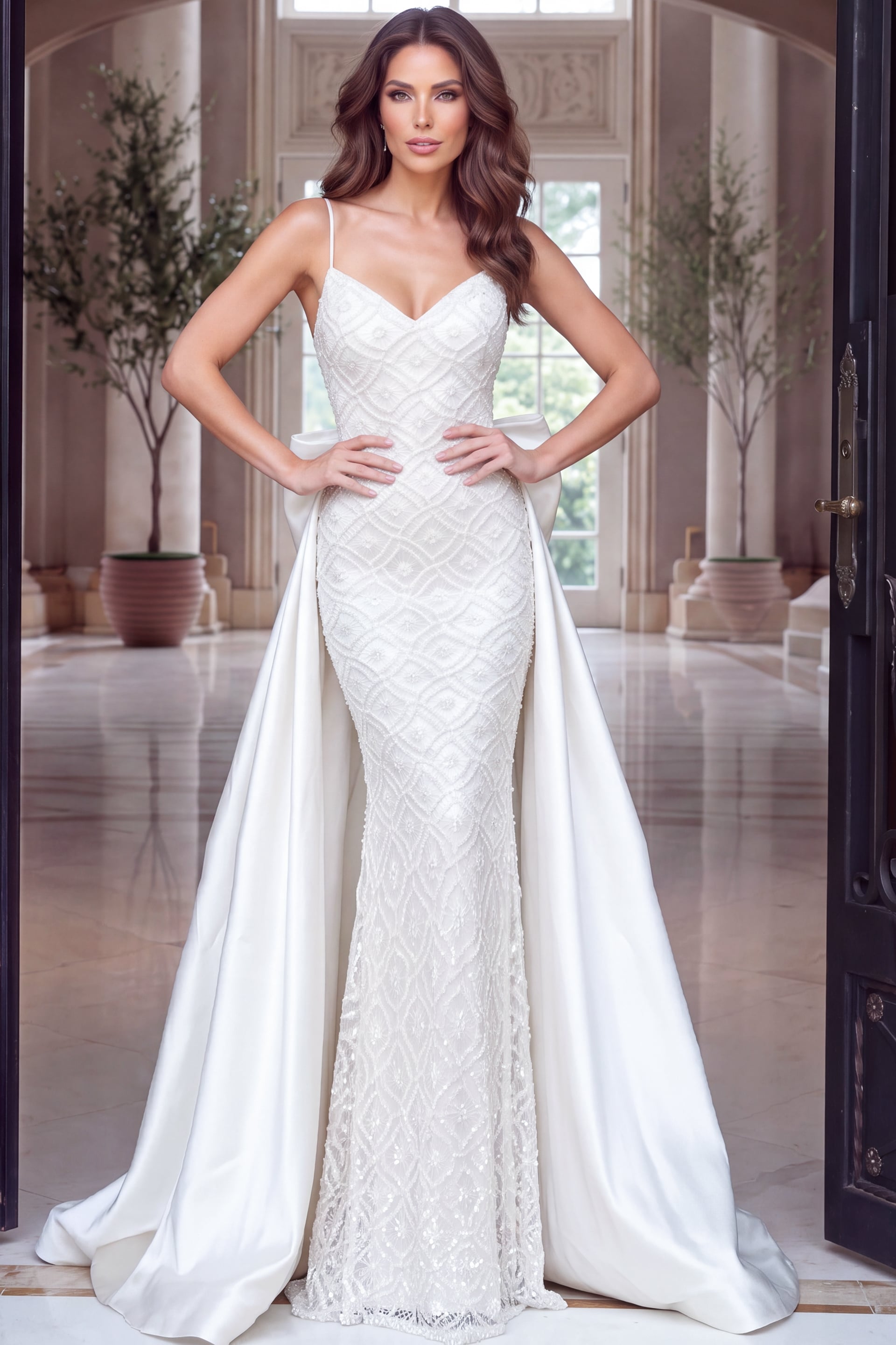 Slim-strap ivory gown with V neckline, beaded lattice bodice and detachable satin overskirt