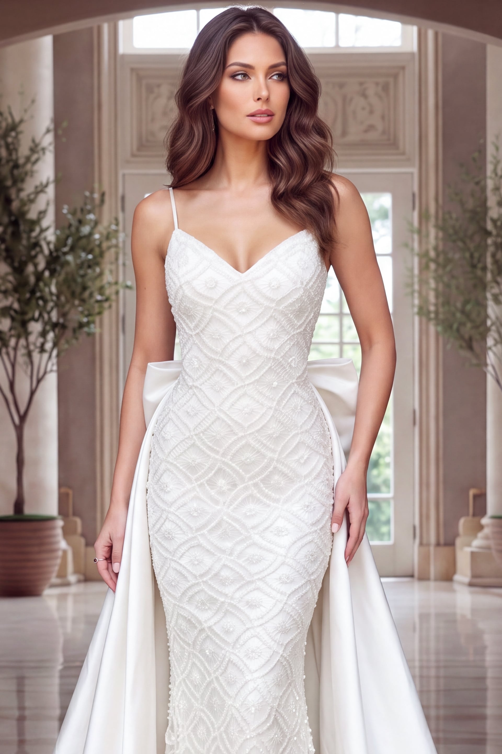 Detail crop of beaded diamond lattice across an ivory bodice with fine spaghetti straps