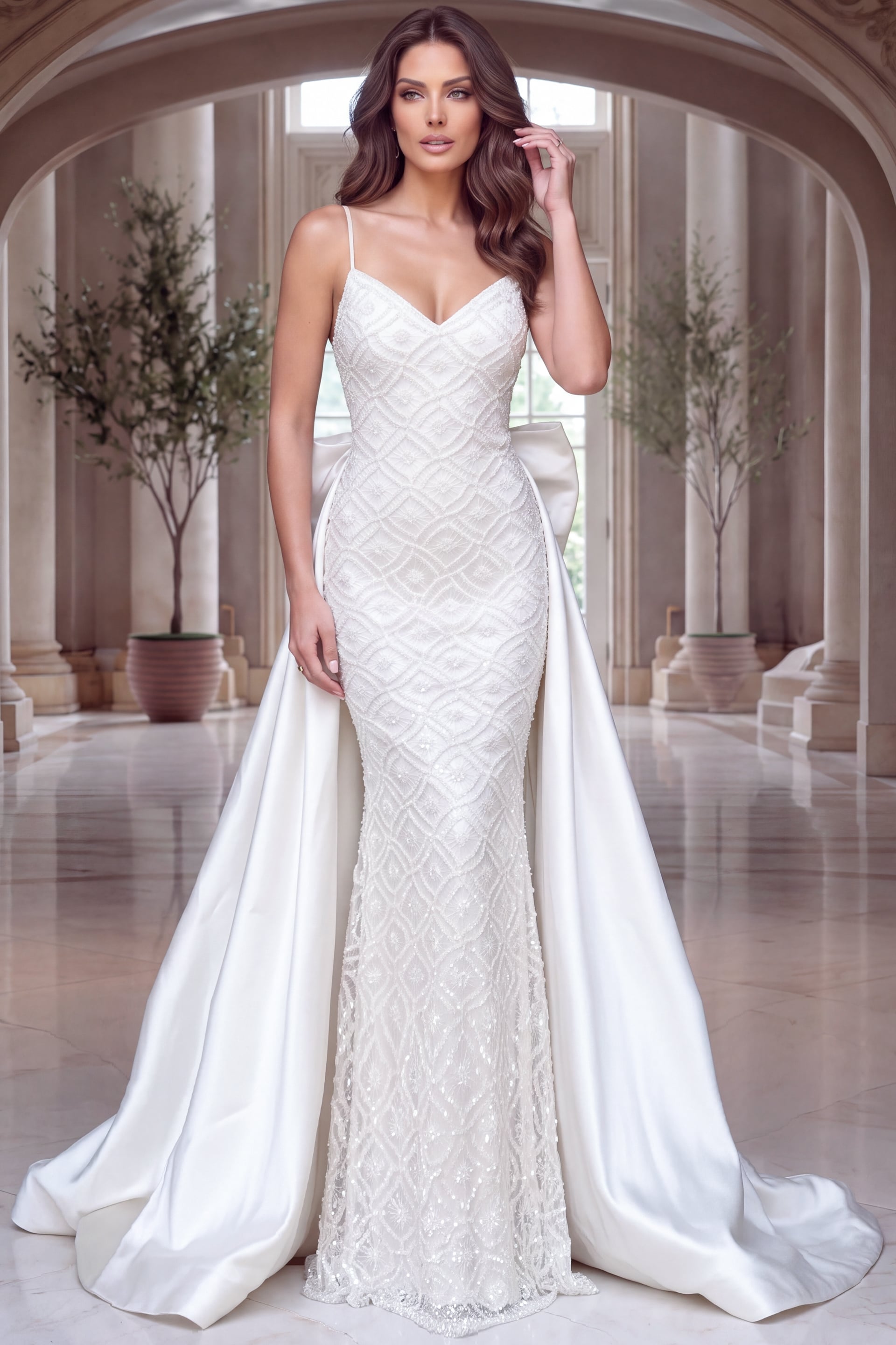 Ivory beaded lattice gown with slim straps, plunging V neckline and satin overskirt panels
