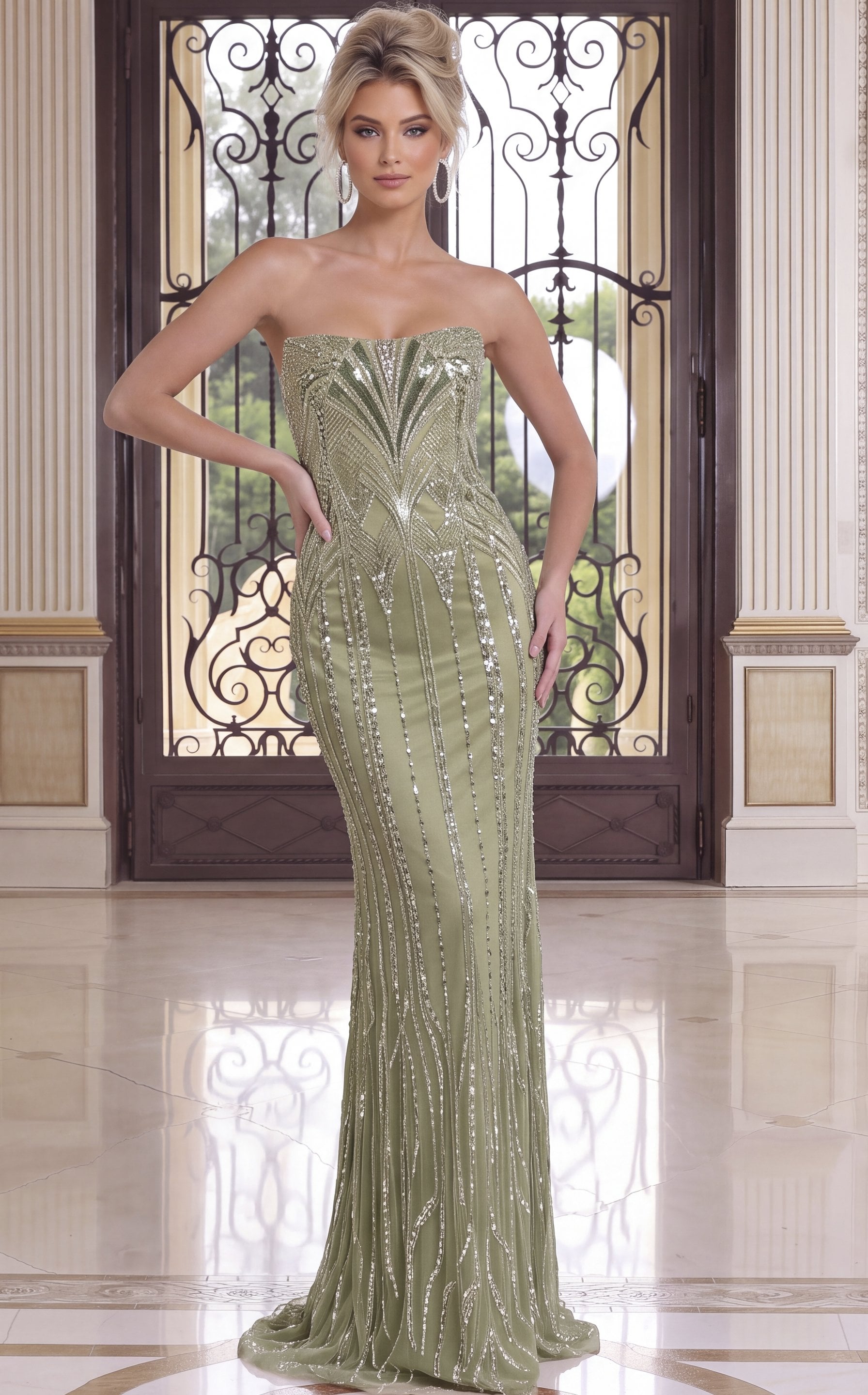 sage green Jovani 52348 front, art-deco beading