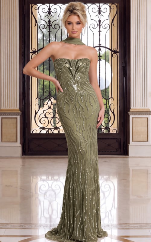 Elegant olive green embellished floor-length gown