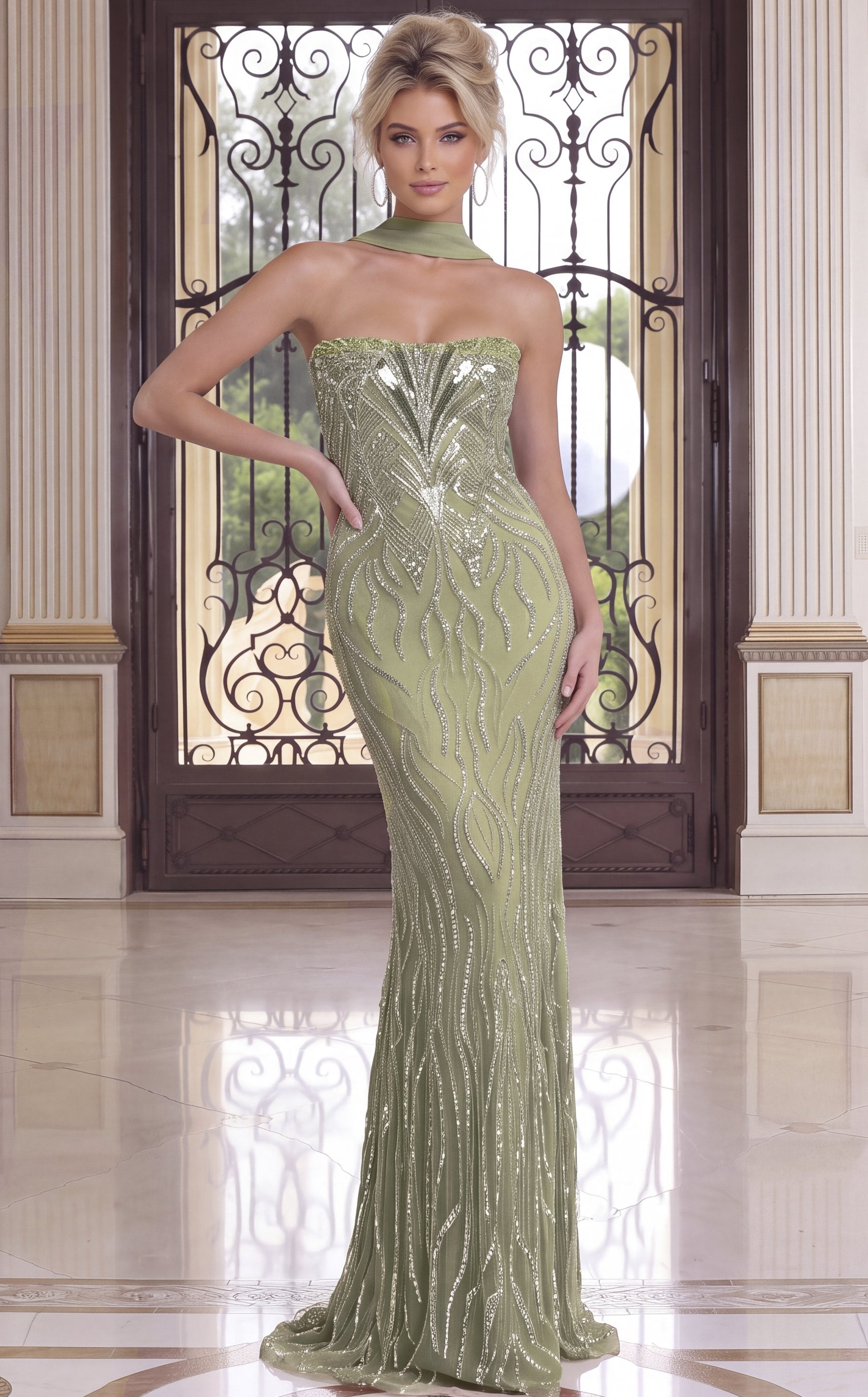 sage green Jovani 52348 front, sequined pattern