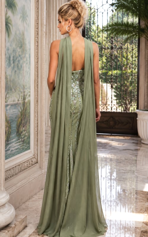 Strapless olive sequin gown with a fitted silhouette